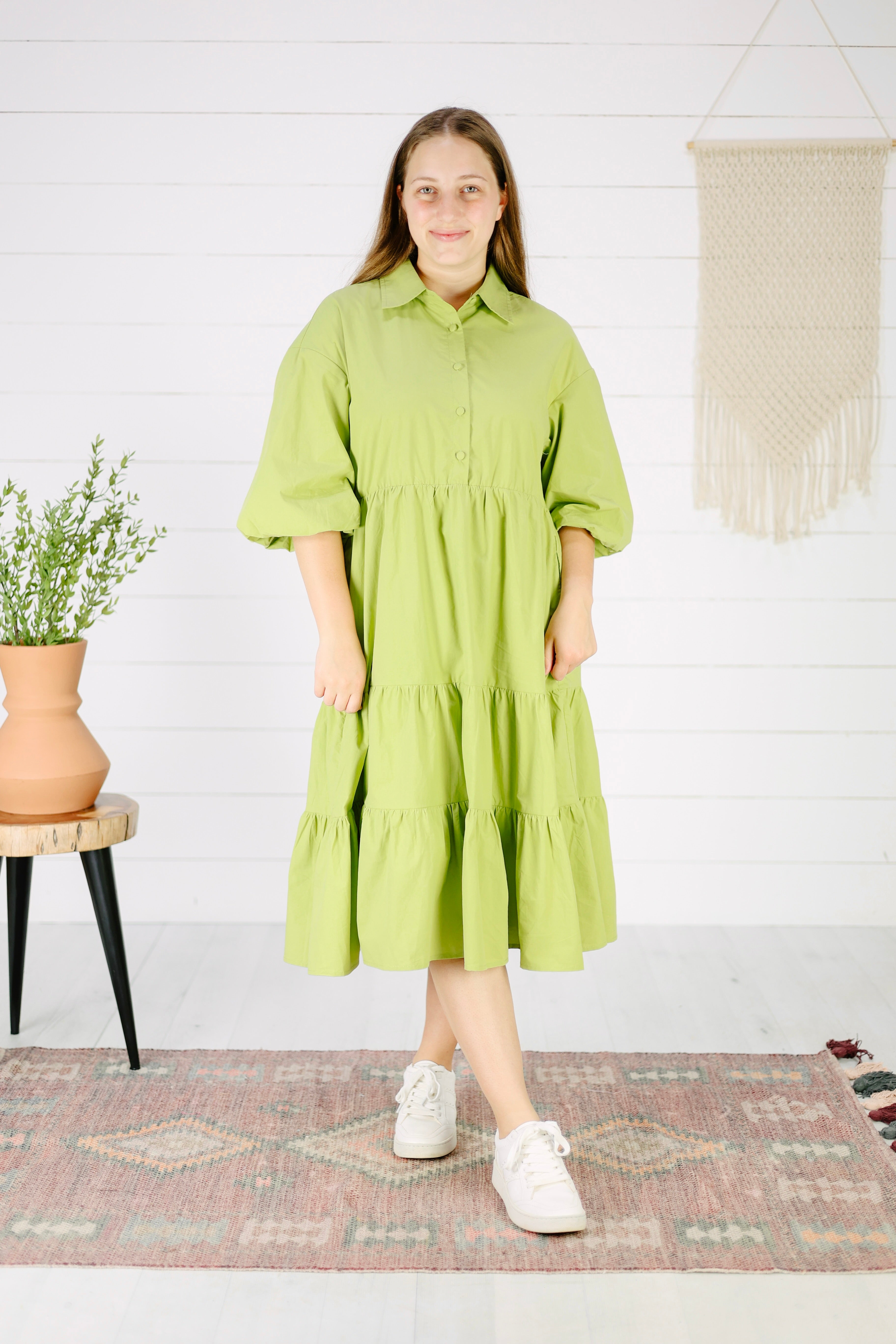 Ayanna Poplin Midi Dress- Light Green Large / Light Green