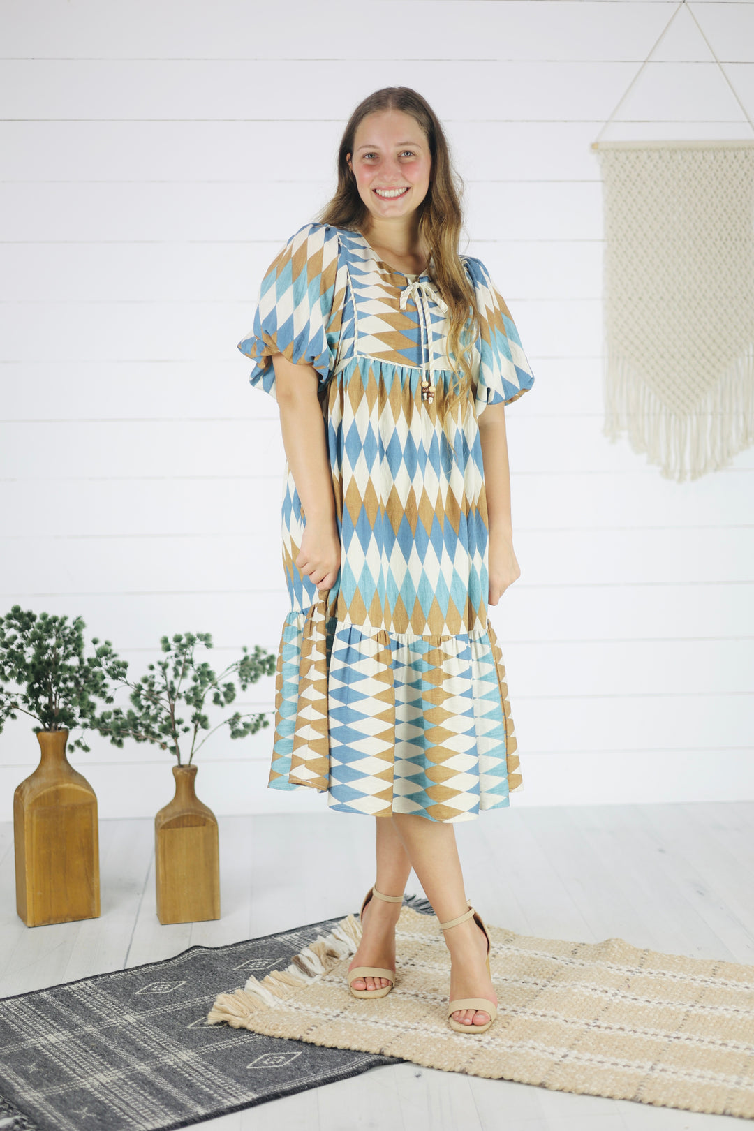 Emmi Diamond Print Midi Dress-Blue