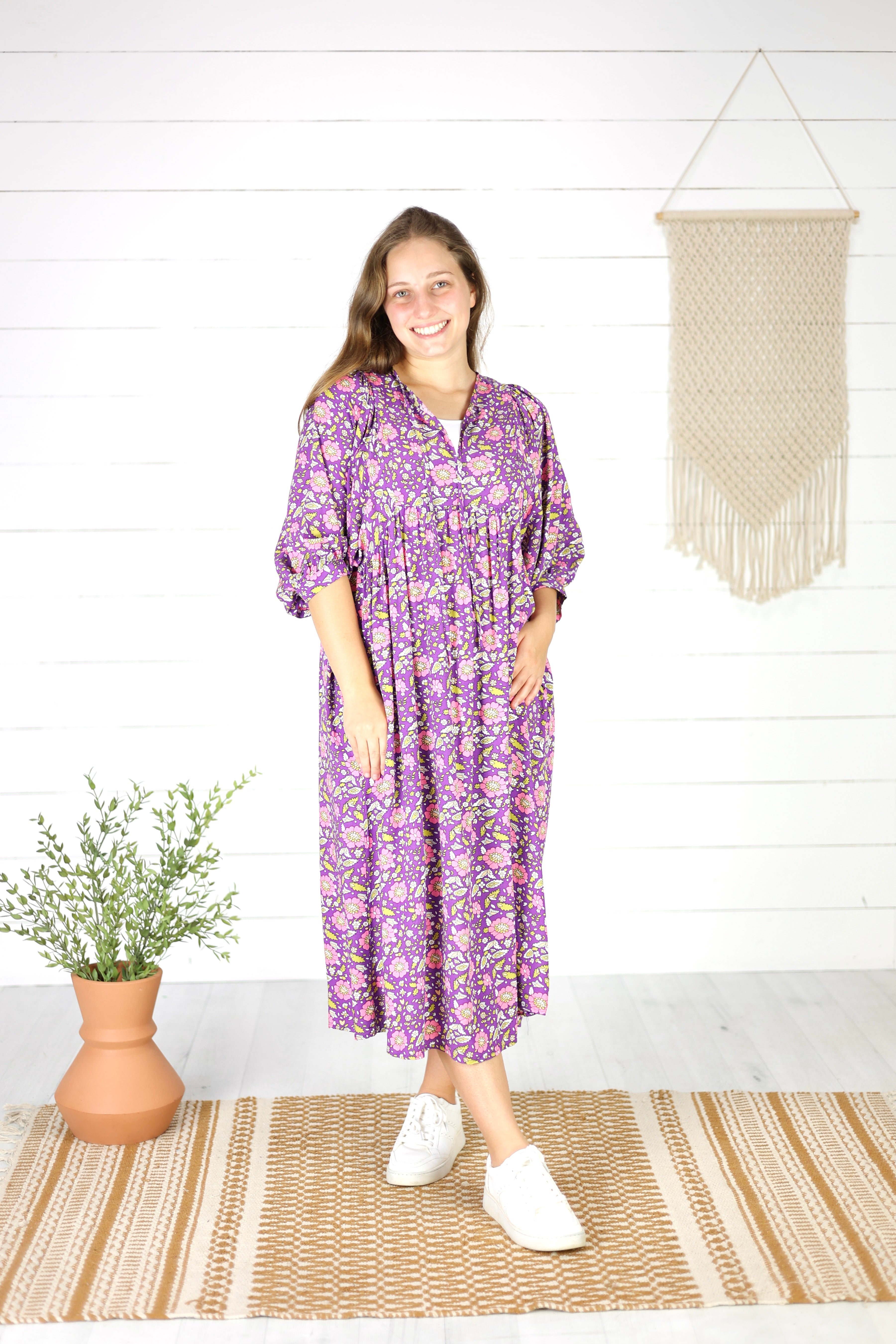 Kayleigh Floral Midi Dress-Purple, Loose Fit Modest Dress Small / Purple