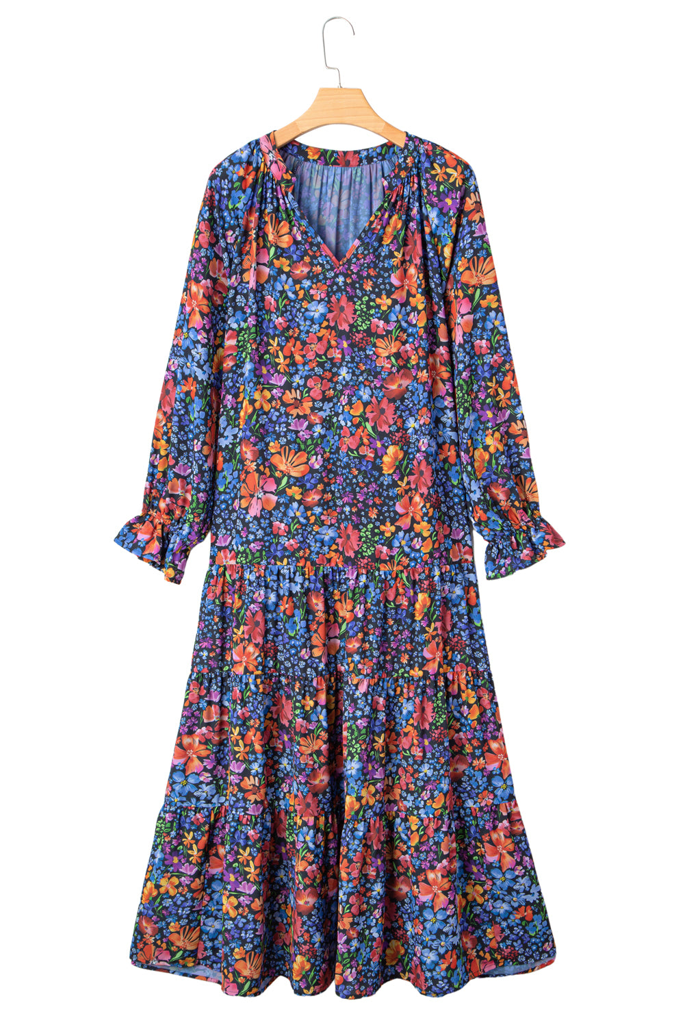 Vestido largo fluido con cuello en V, manga larga y estampado floral azul con borlas y lazo