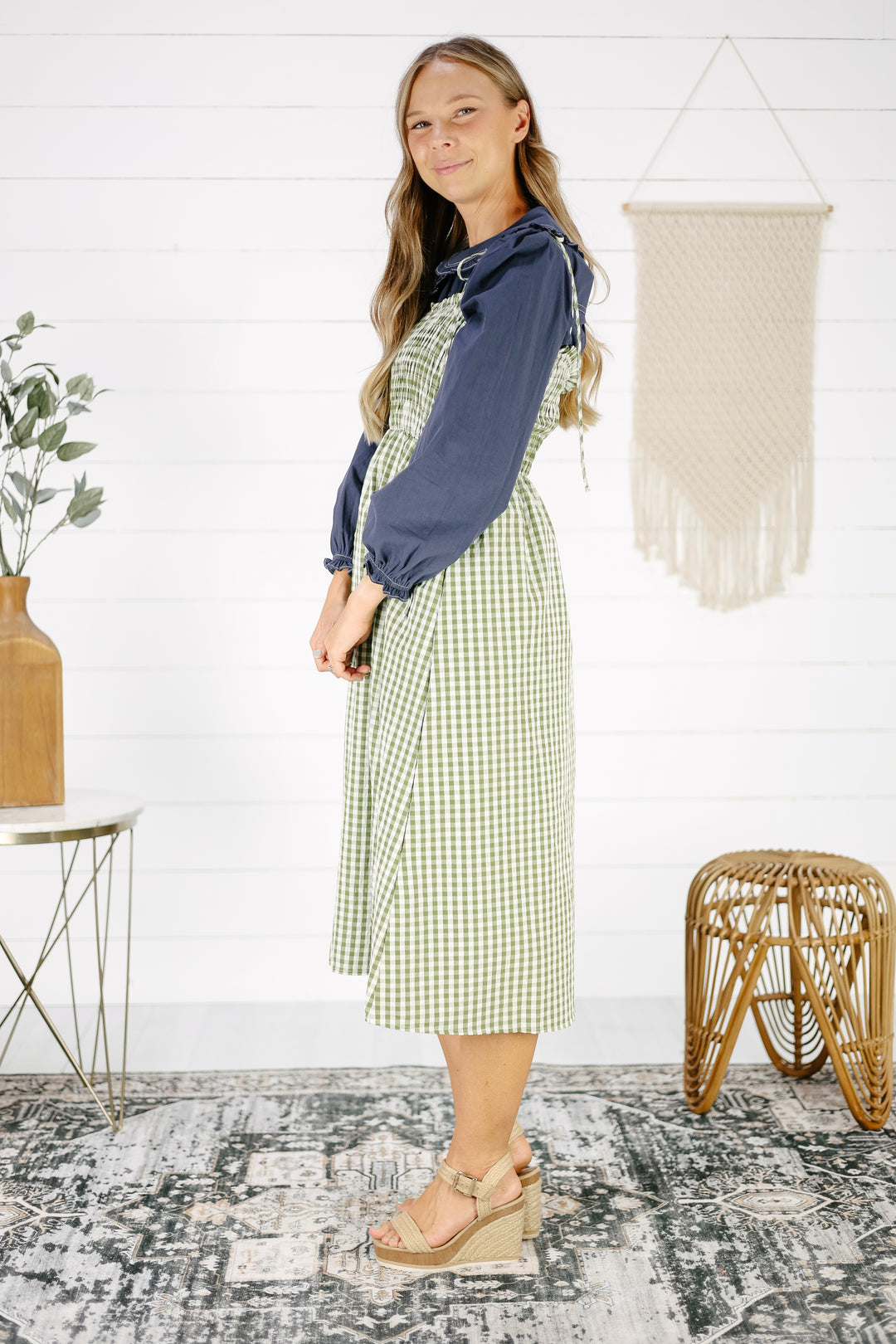 Jackie Gingham Midi Dress- Olive