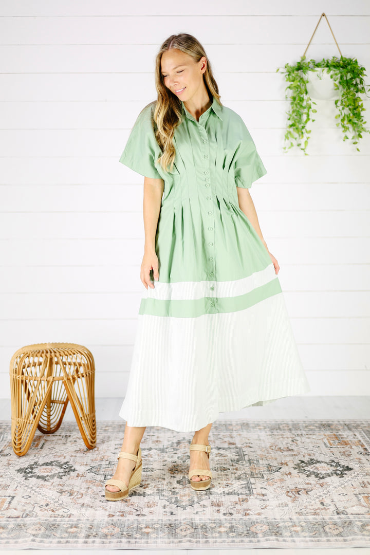 Aliza Contrast Midi Dress- Sage