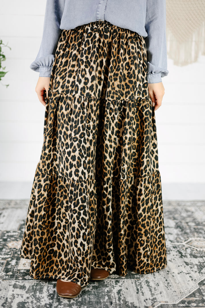Soren Leopard Tiered Maxi Skirt - Brown