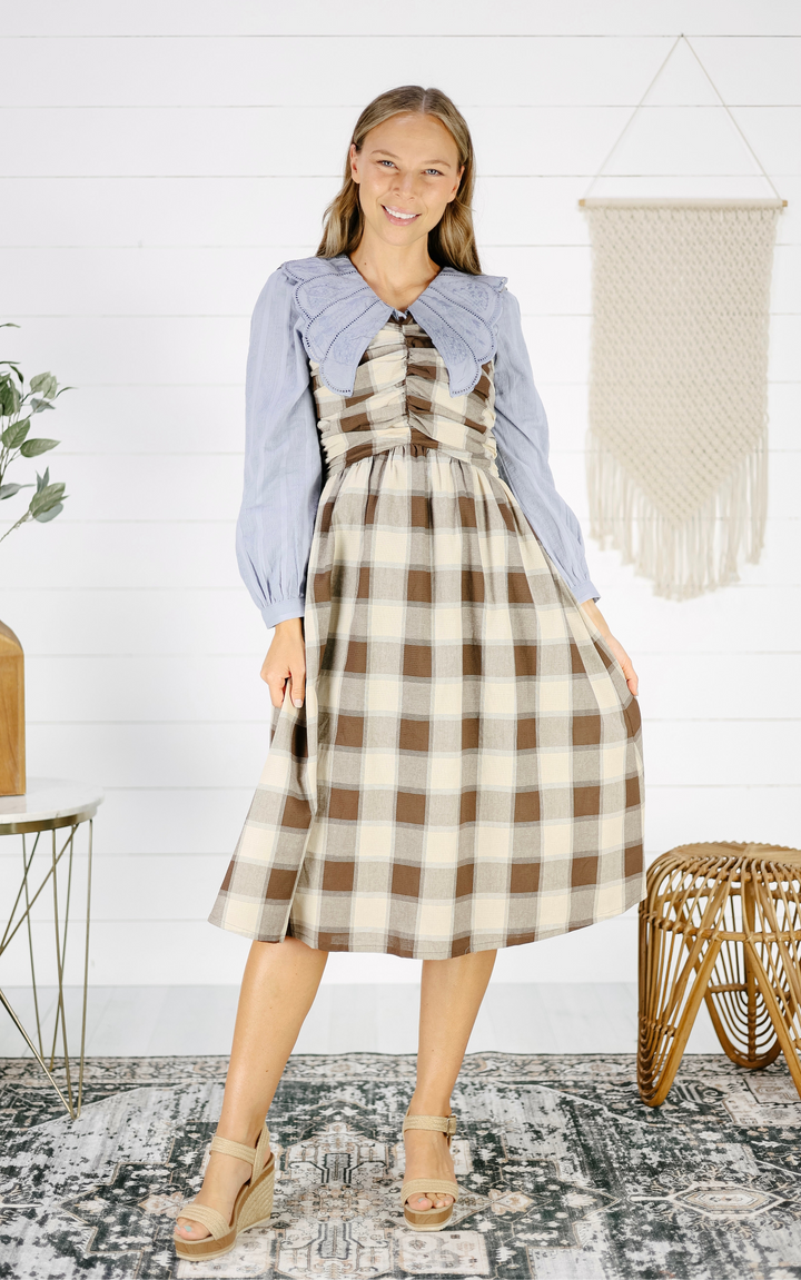 Kennedy Bow Tie Midi Dress - Brown