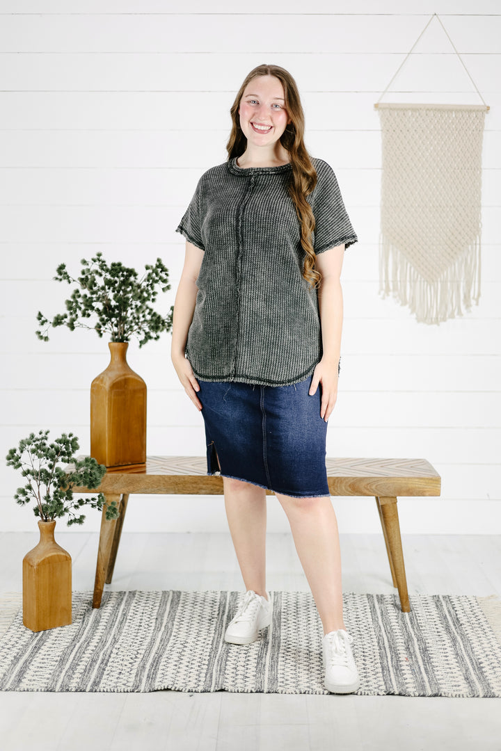 Frankie Waffle Knit Top - Ash Black/Final Sale