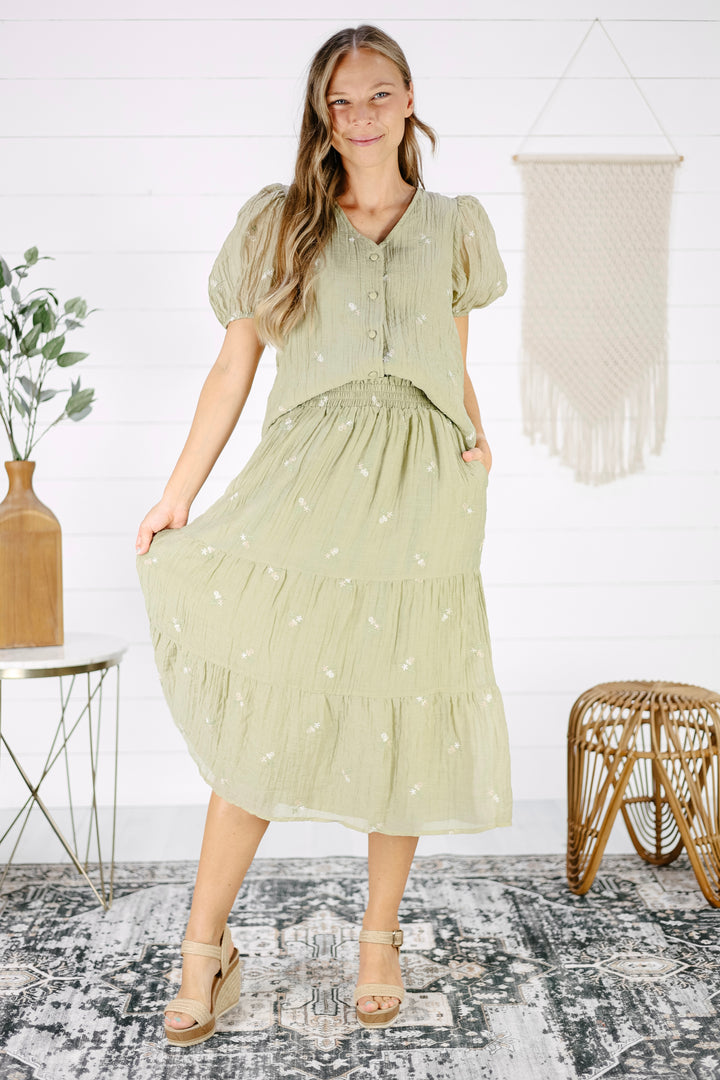 Bella Embroidered Midi Skirt- Olive