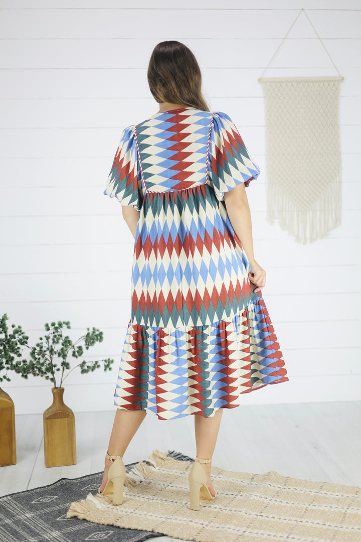 Emmi Diamond Print Midi Dress-Burgundy