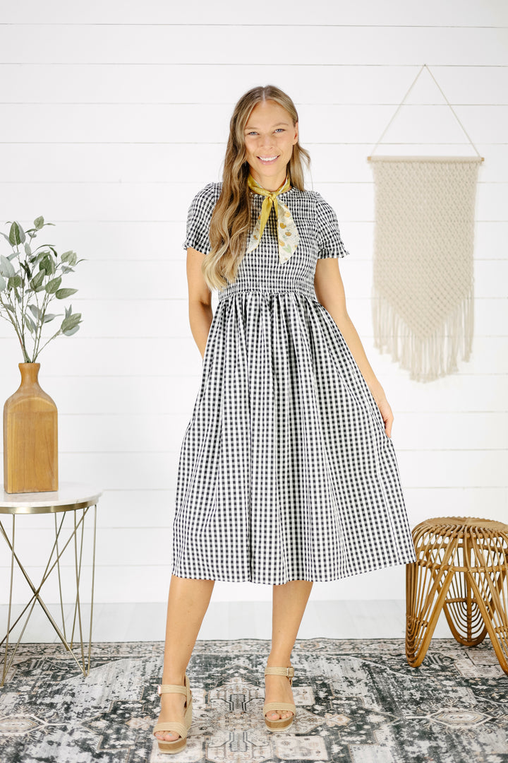 Boyce Gingham Midi Dress- Black