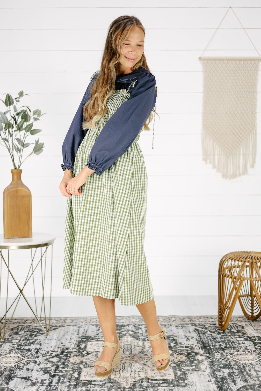 Jackie Gingham Midi Dress- Olive