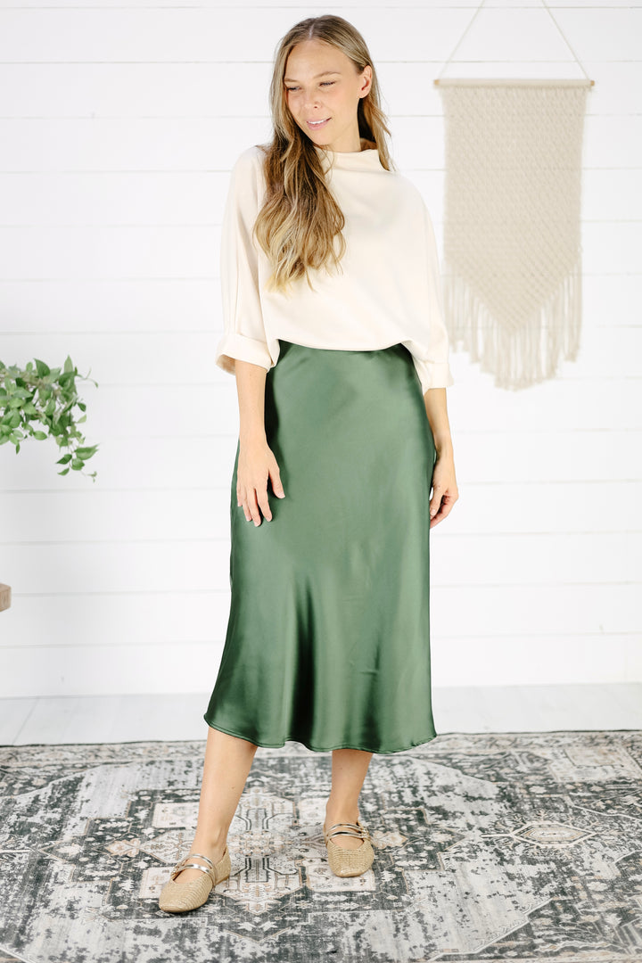 Avery Satin Midi Skirt - Olive