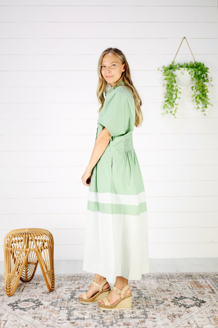 Aliza Contrast Midi Dress- Sage