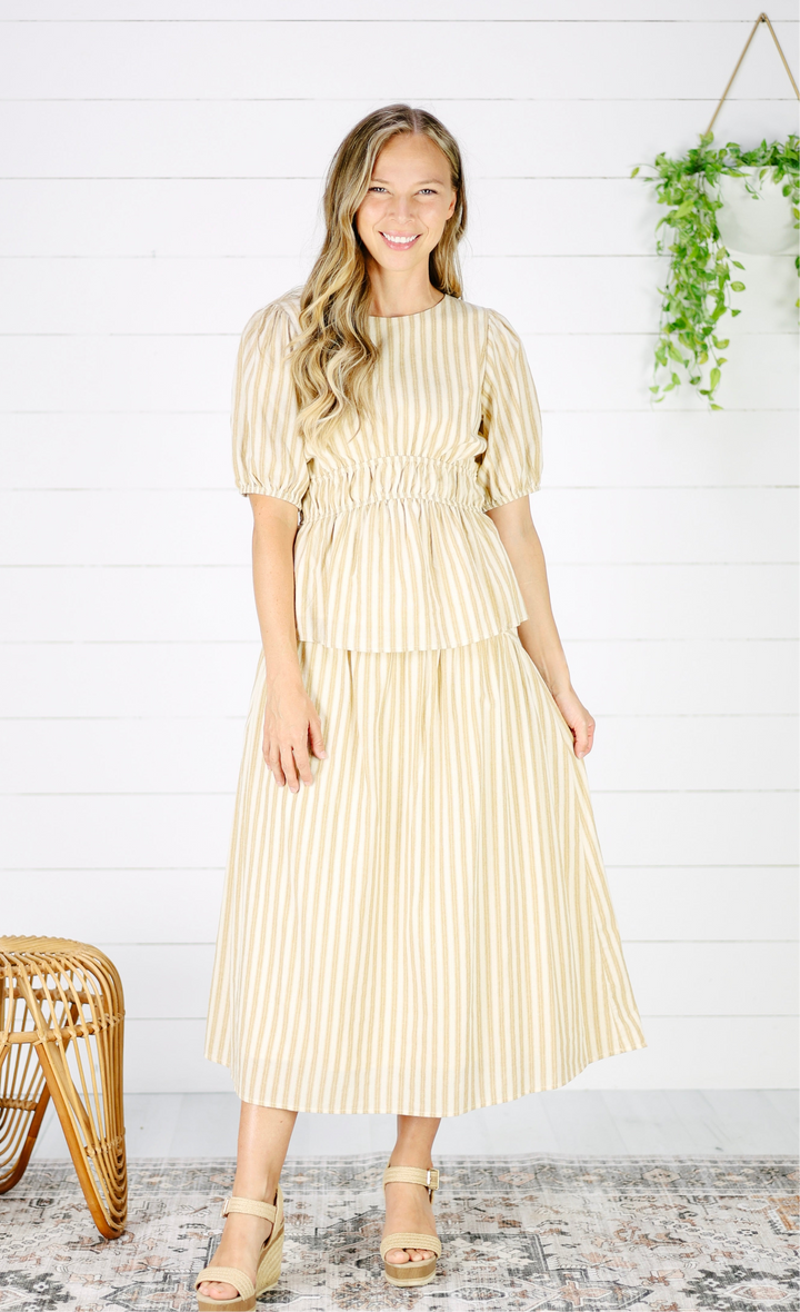 Alayna Stripe Midi Skirt- Camel