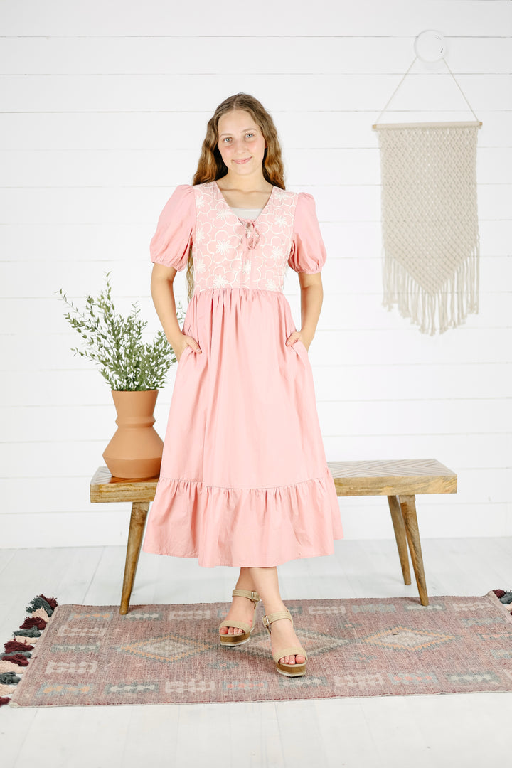 Lovett Embroidered Midi Dress- Pink