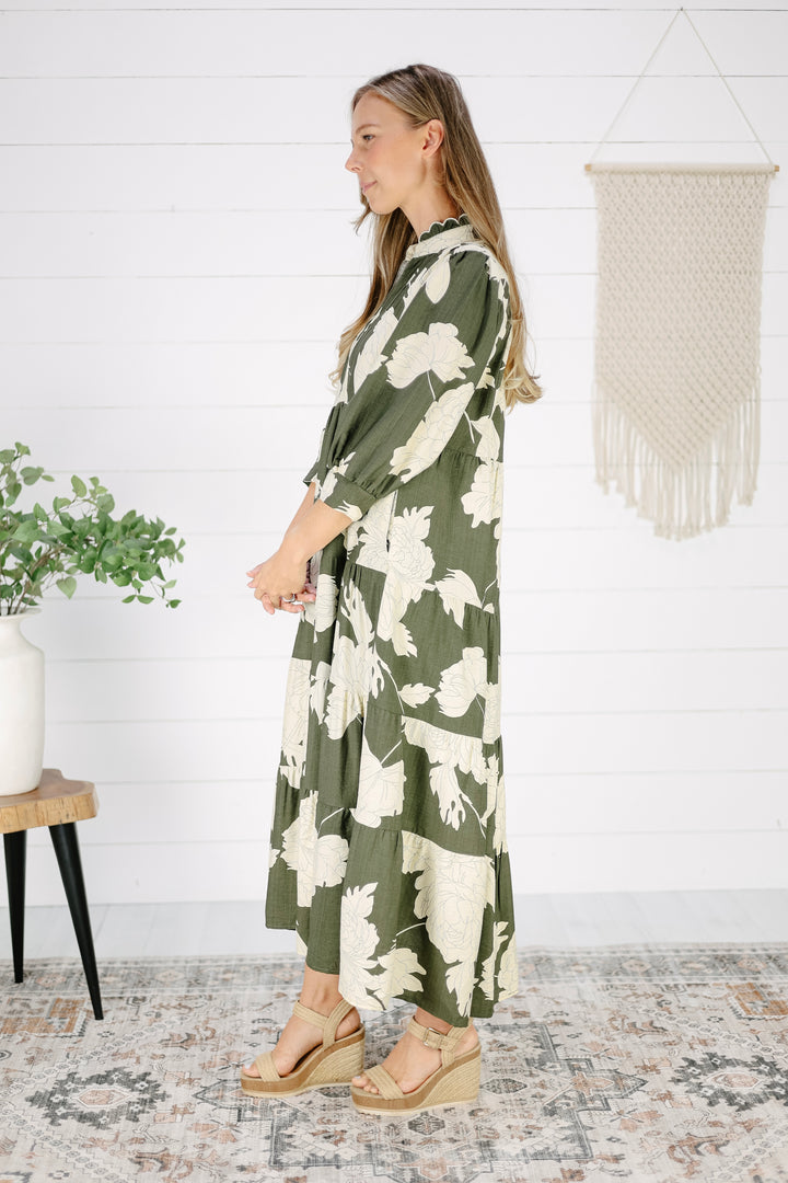 Jolie Floral Midi Dress- Olive