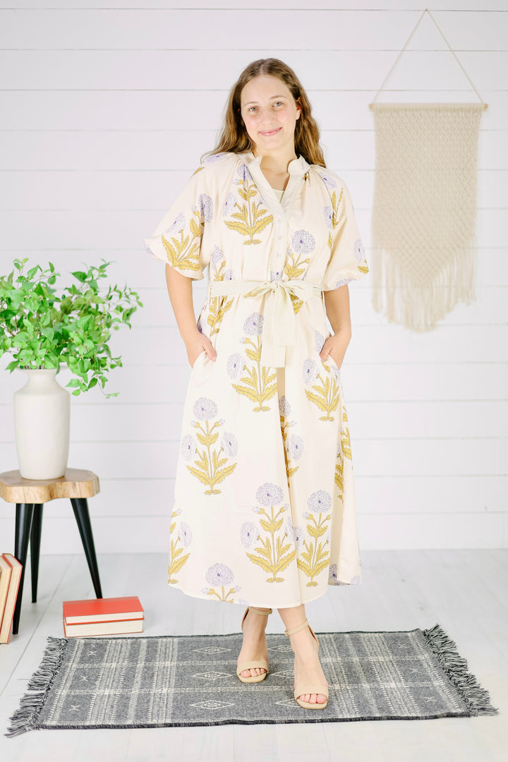 Margaret Floral Midi Dress- Cream