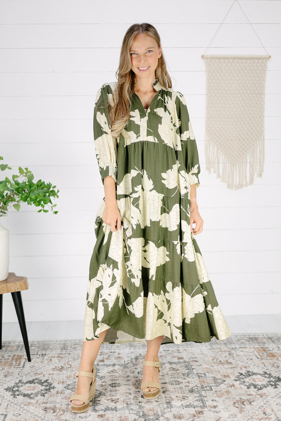 Jolie Floral Midi Dress- Olive