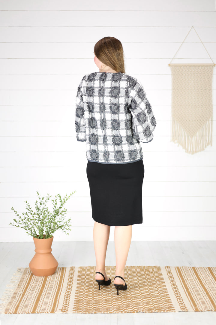 Bevelyn  Textured Check Top- Charcoal