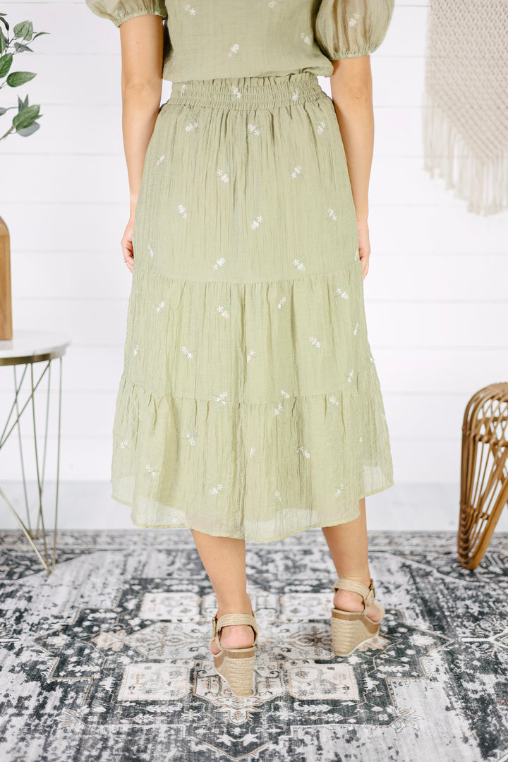 Bella Embroidered Midi Skirt- Olive
