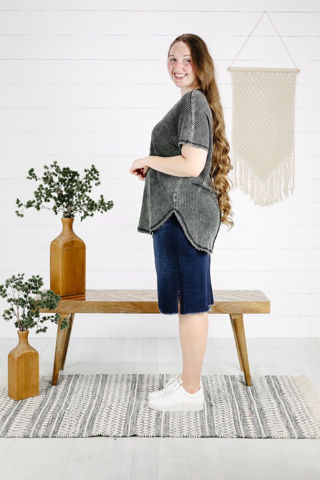 Frankie Waffle Knit Top - Ash Black/Final Sale