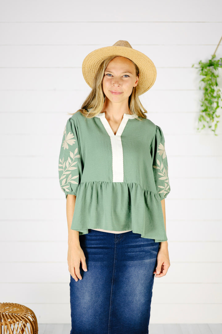 Charlee Embrodiered Top- Green