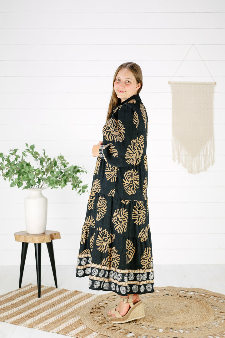 Sierra Print Midi Dress- Black