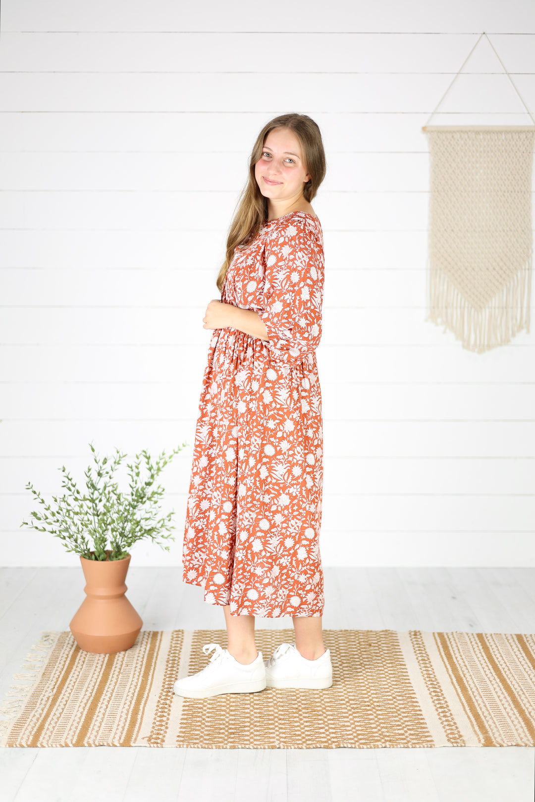 Hollis Floral Midi Dress- Burnt Orange