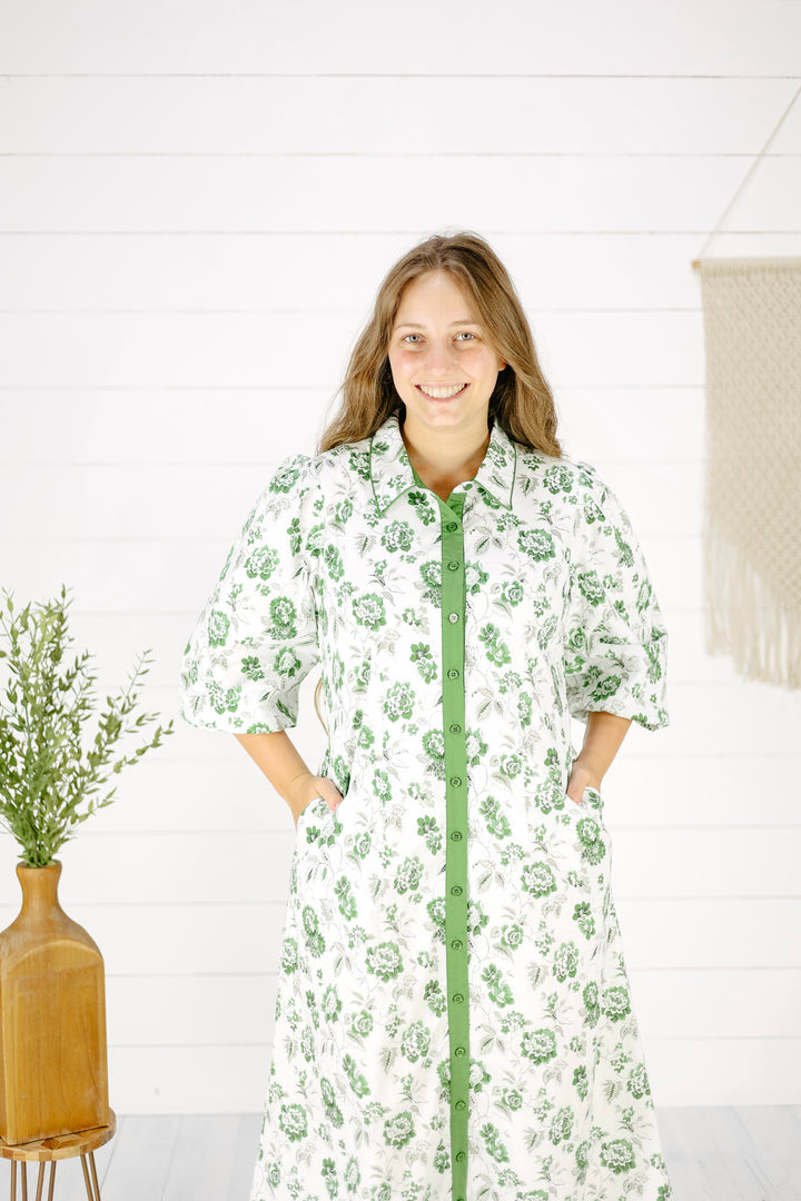 Magnolia Button Midi Dress- Green, Easter Dress, 3/4 Sleeves Modest Dress, Floral Dress 3X / Green Magnolia Button Midi Dress- Green, Easter Dress, 3/4 Sleeves Modest Dress, Floral Dress 3X / Green