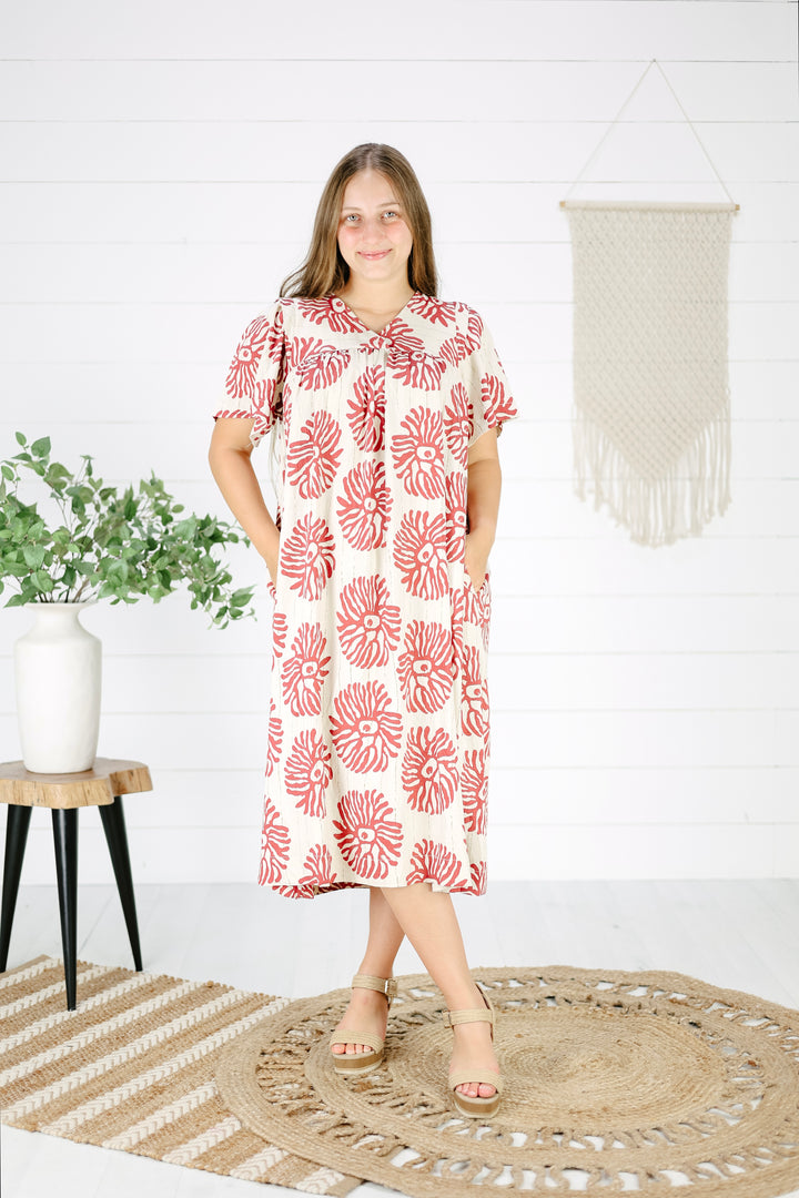 Abbey Print Midi Dress- Red