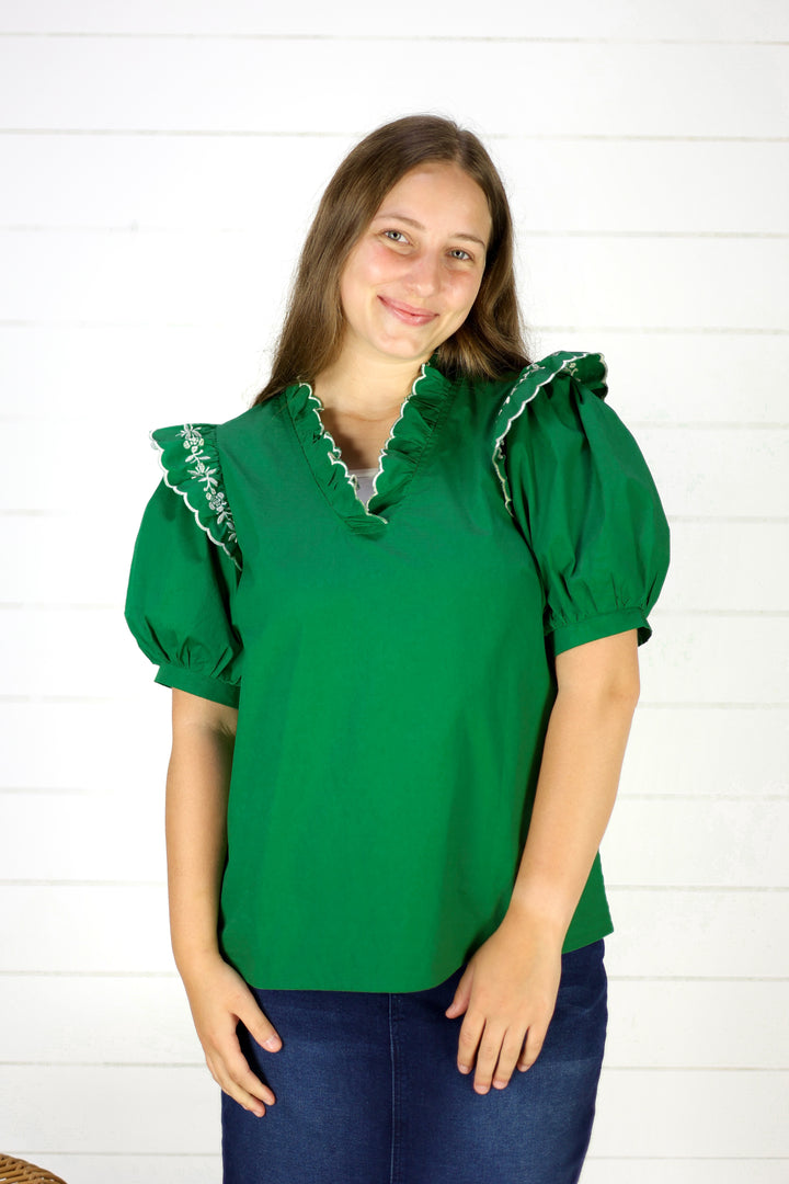 Tinley Embroidered Blouse- Emerald Green