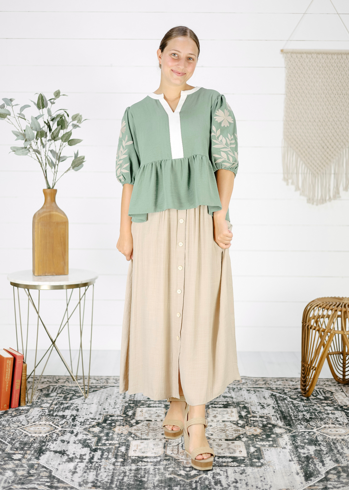 Maddie Front Button Midi Skirt- Natural
