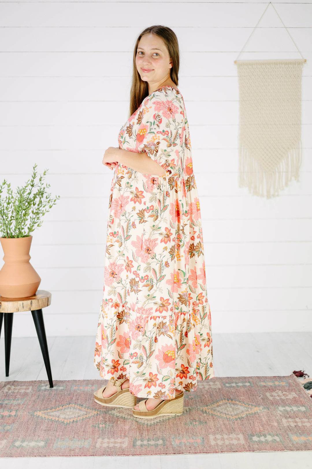 Harper Floral Midi Dress- Coral