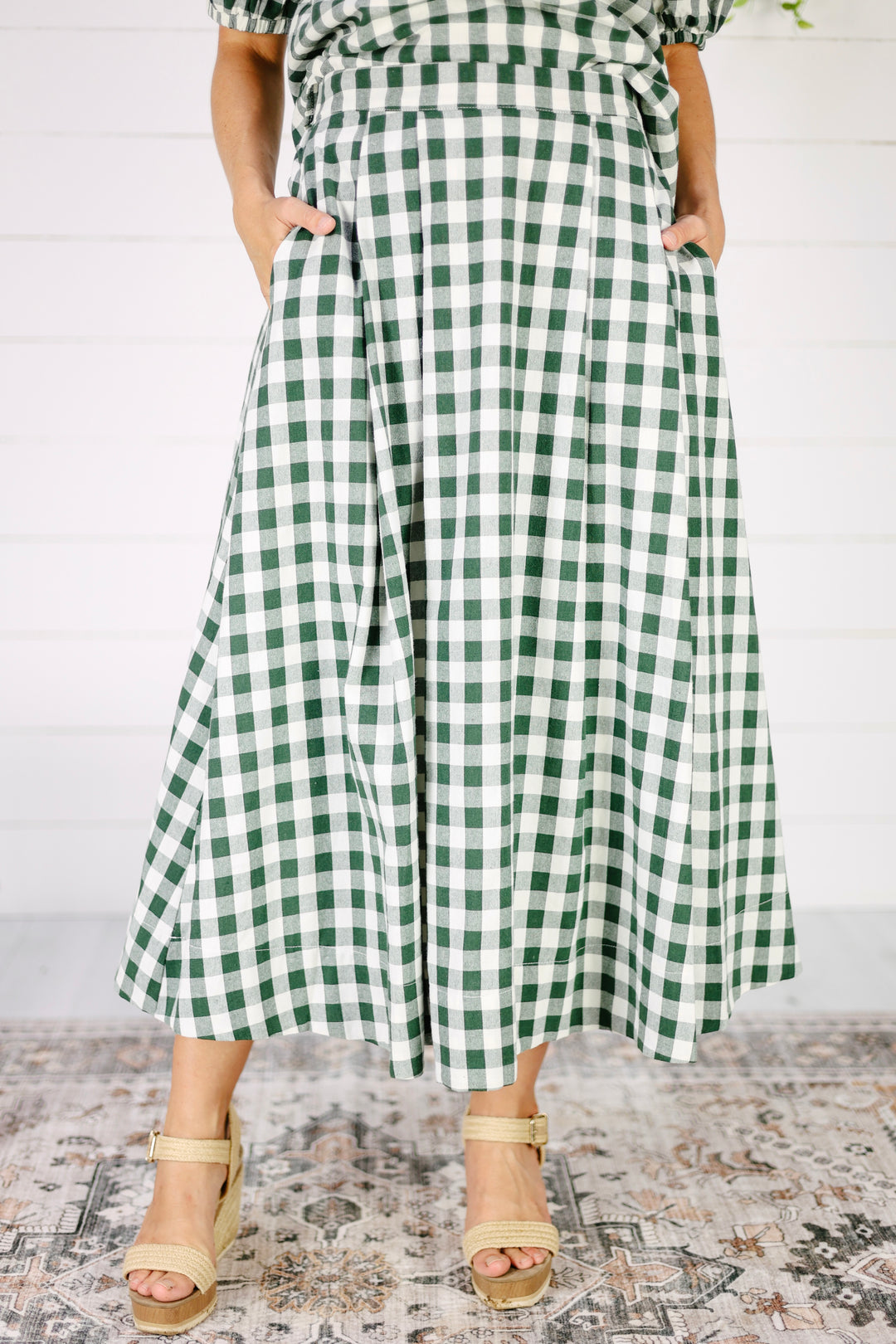 Hepburn Gingham Checkered Midi Skirt-Green