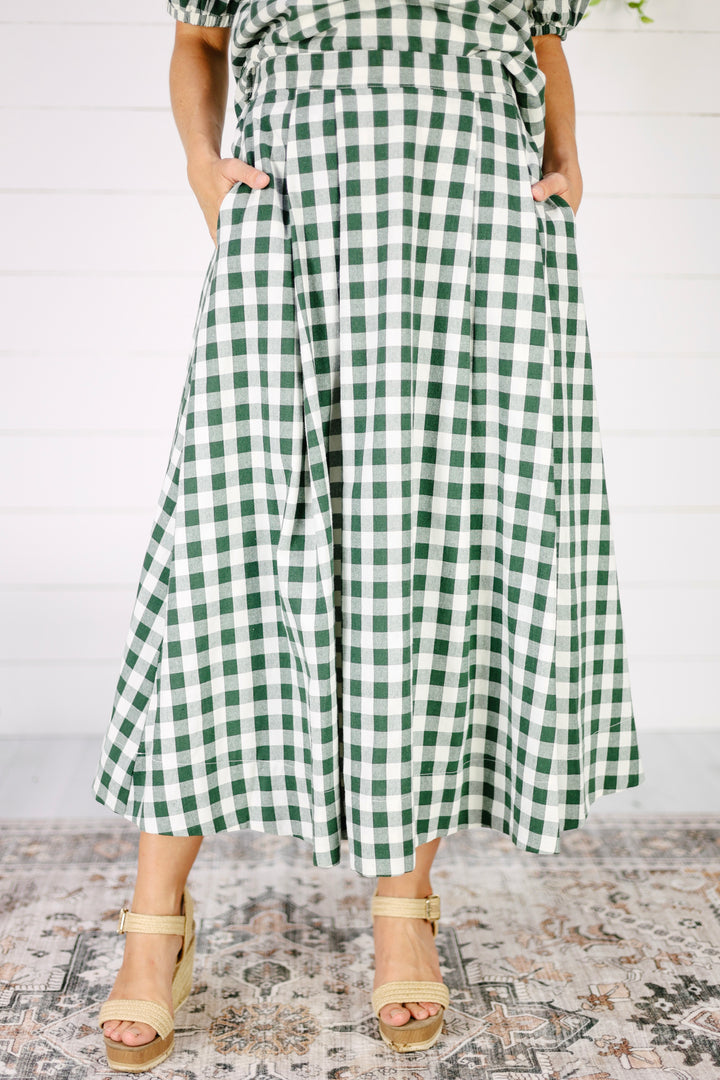 Hepburn Gingham Checkered Midi Skirt-Green