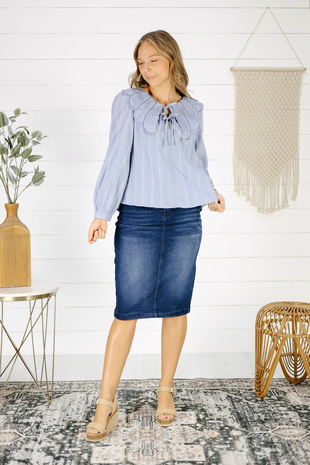 Bellamy Scalloped Collar Blouse- Slate Blue