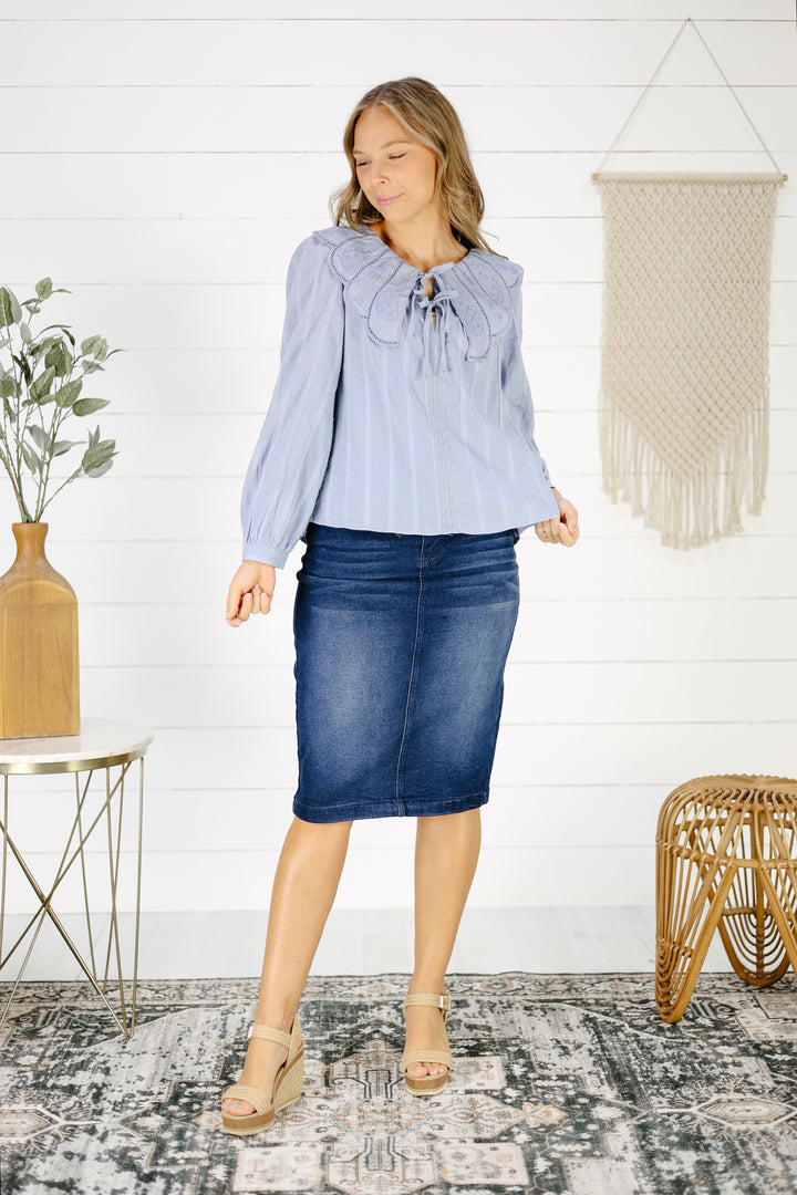 Bellamy Scalloped Collar Blouse- Slate Blue