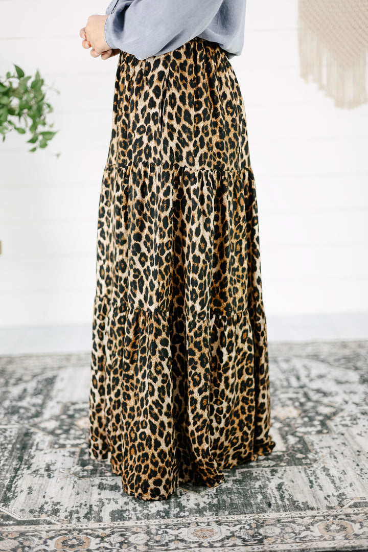 Soren Leopard Tiered Maxi Skirt - Brown