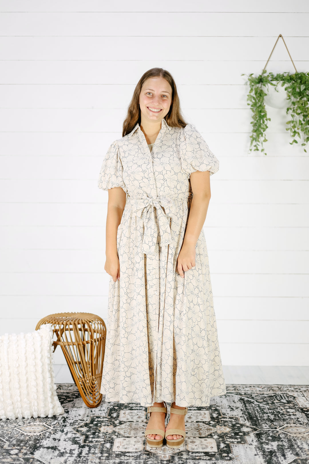 Laila Floral Midi Dress-Cream, Button down Summer Dress, Modest Dress Large / Cream