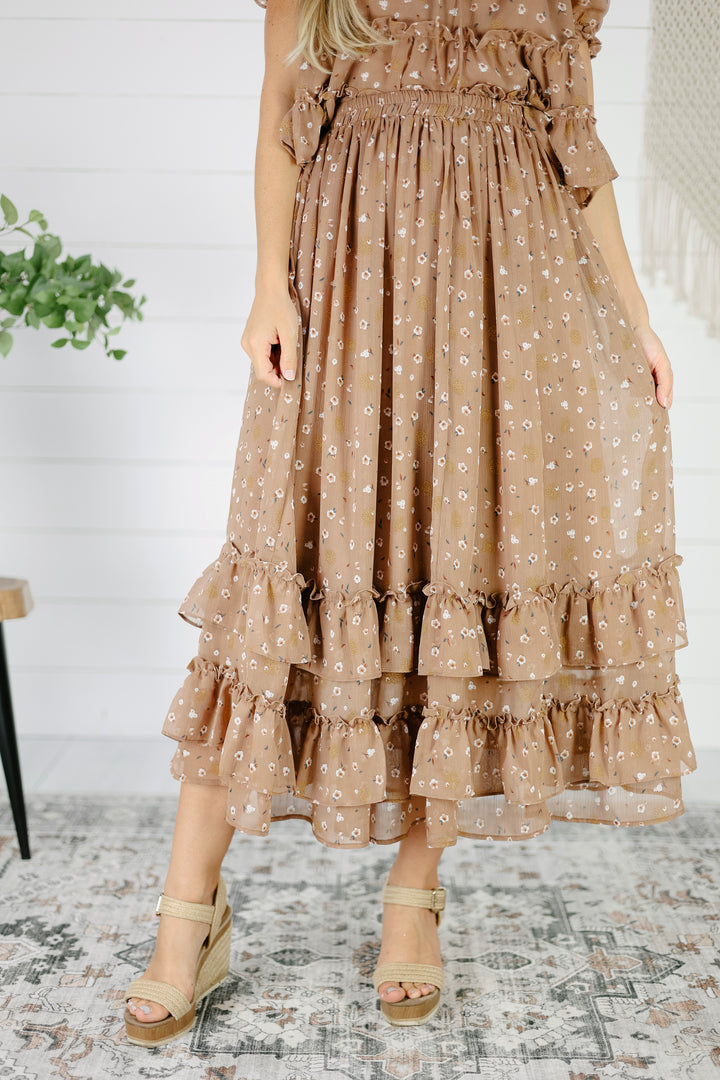 Leona Floral Midi Skirt- Mocha