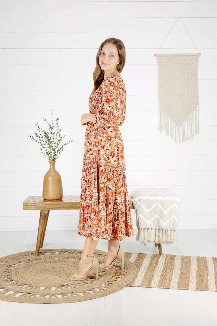Jemma Print Midi Dress- Rust/Final Sale