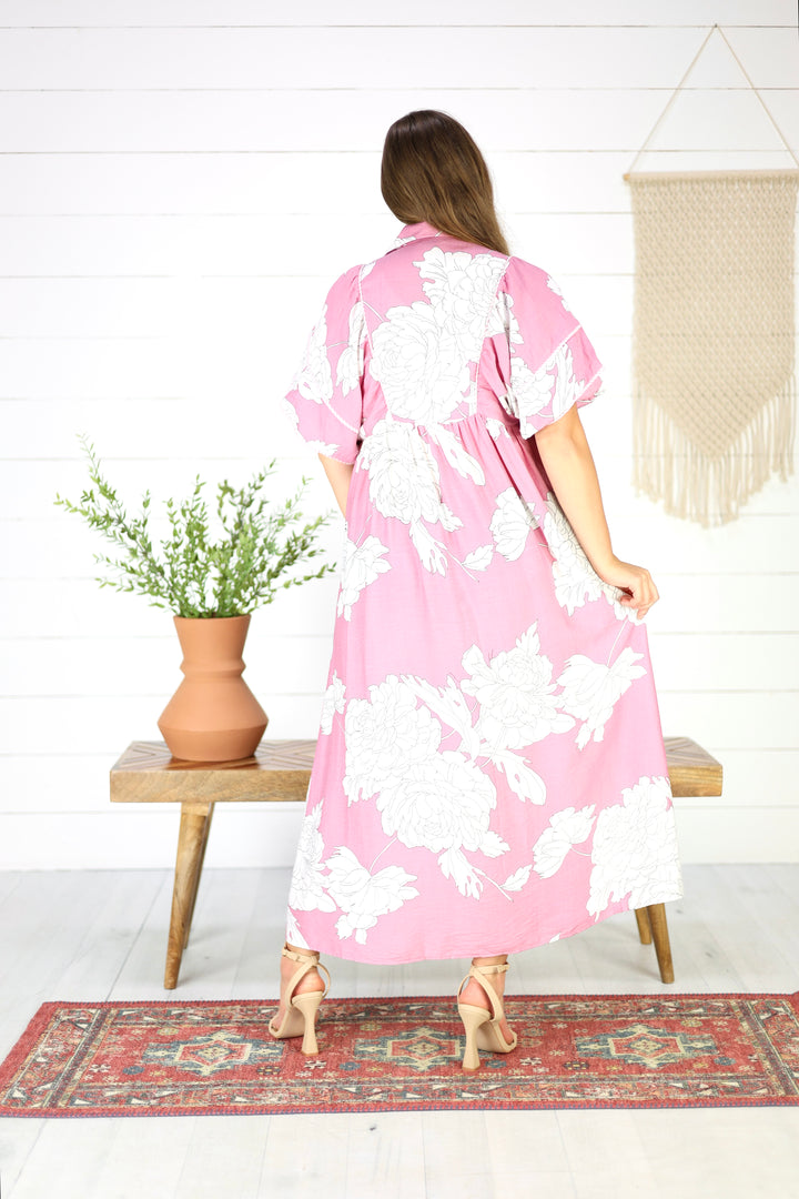 Hilary Floral Midi Dress- Pink