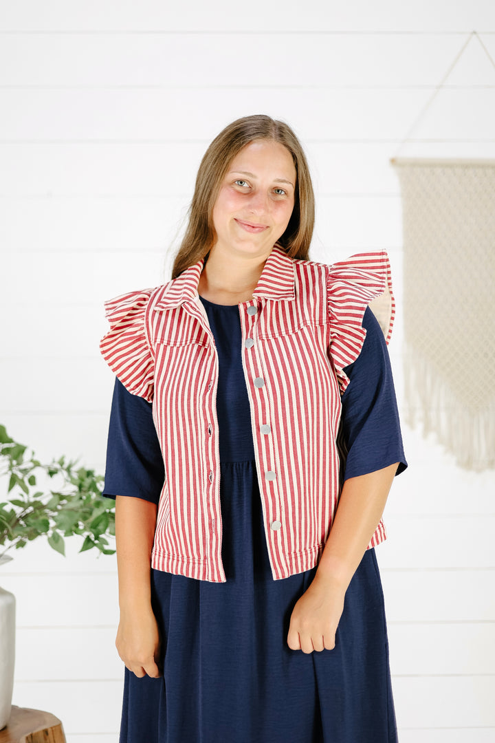 Kendra Ruffle Denim Vest- Red
