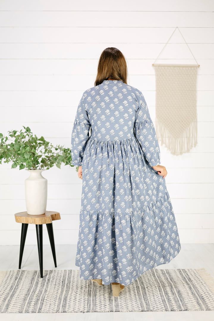 Emmarie Hand Screen Printed Maxi Dress-Blue