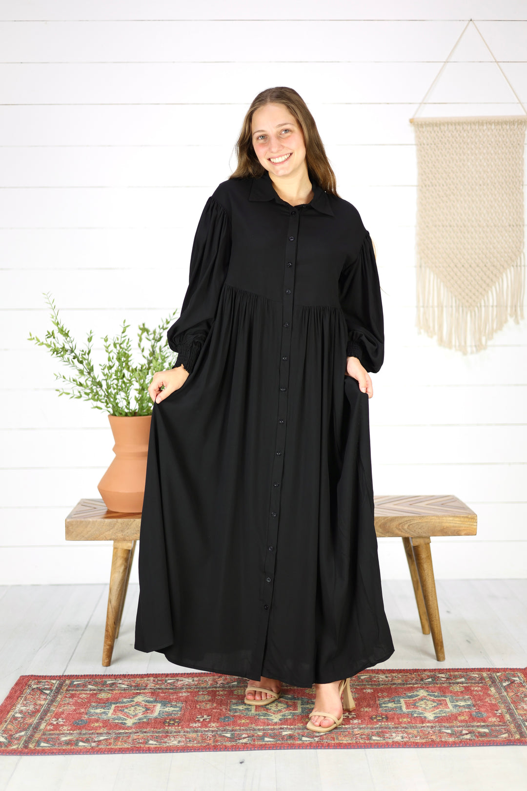 Casey Button Down Maxi Dress-Black