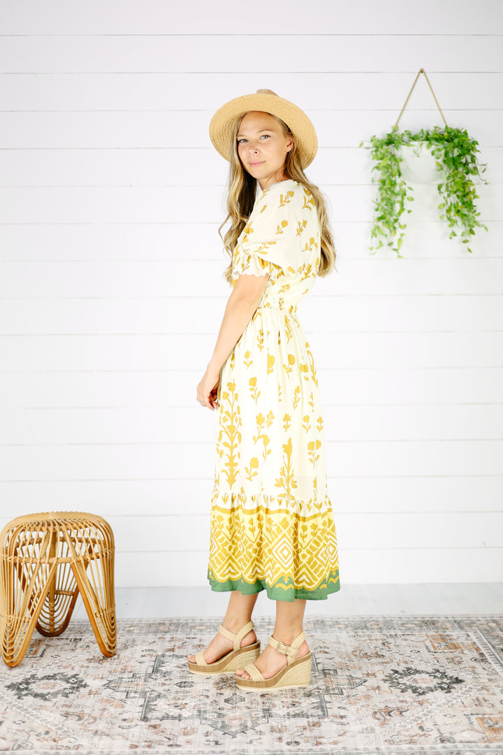 Nicolette Print Midi Dress- Yellow