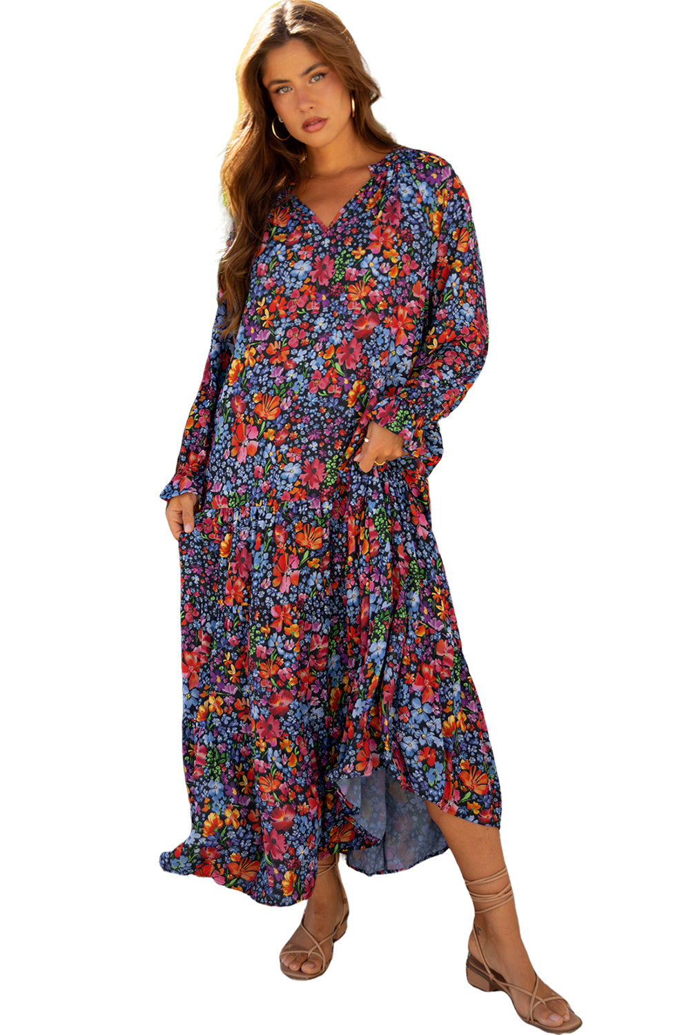 Blue Floral Print Tassel Tie V Neck Long Sleeve Flowy Maxi Dress
