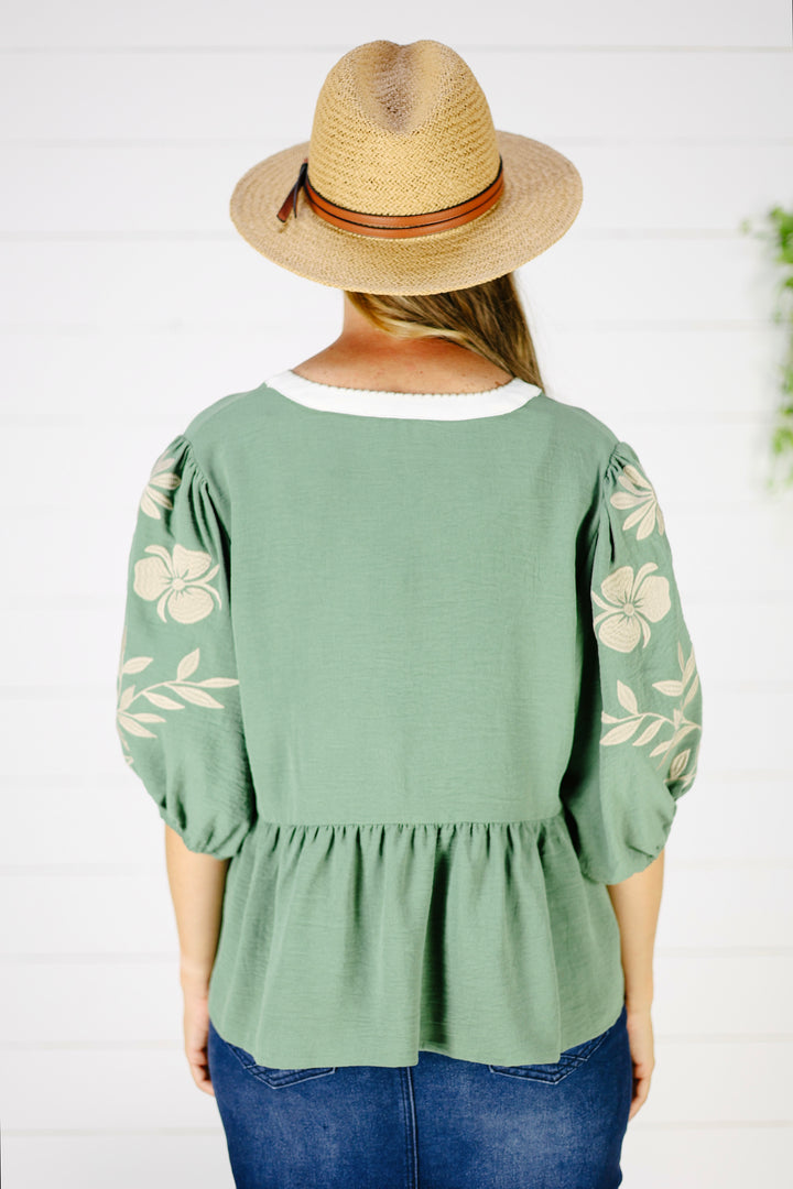 Charlee Embrodiered Top- Green