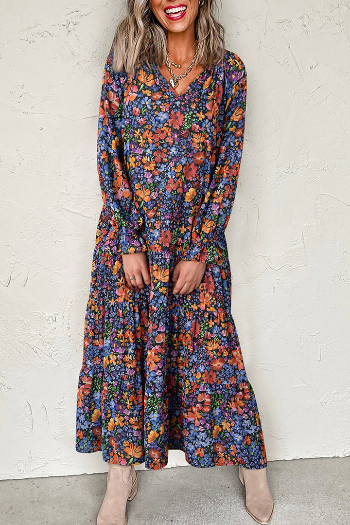 Blue Floral Print Tassel Tie V Neck Long Sleeve Flowy Maxi Dress