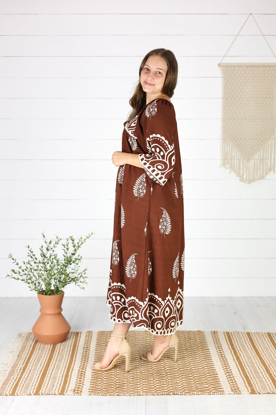 Gwen Paisley Midi Dress-Brown