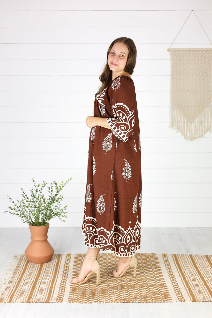 Gwen Paisley Midi Dress-Brown