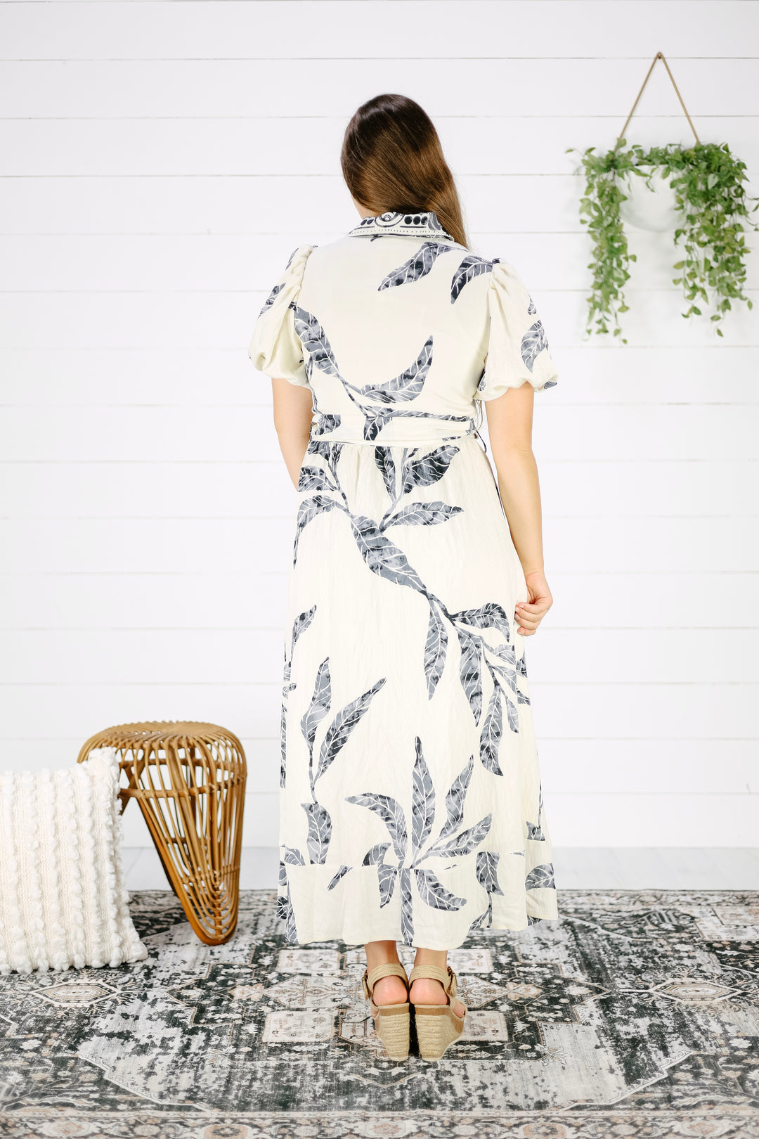 Aurora Leaf Print Midi Dress-Ivory